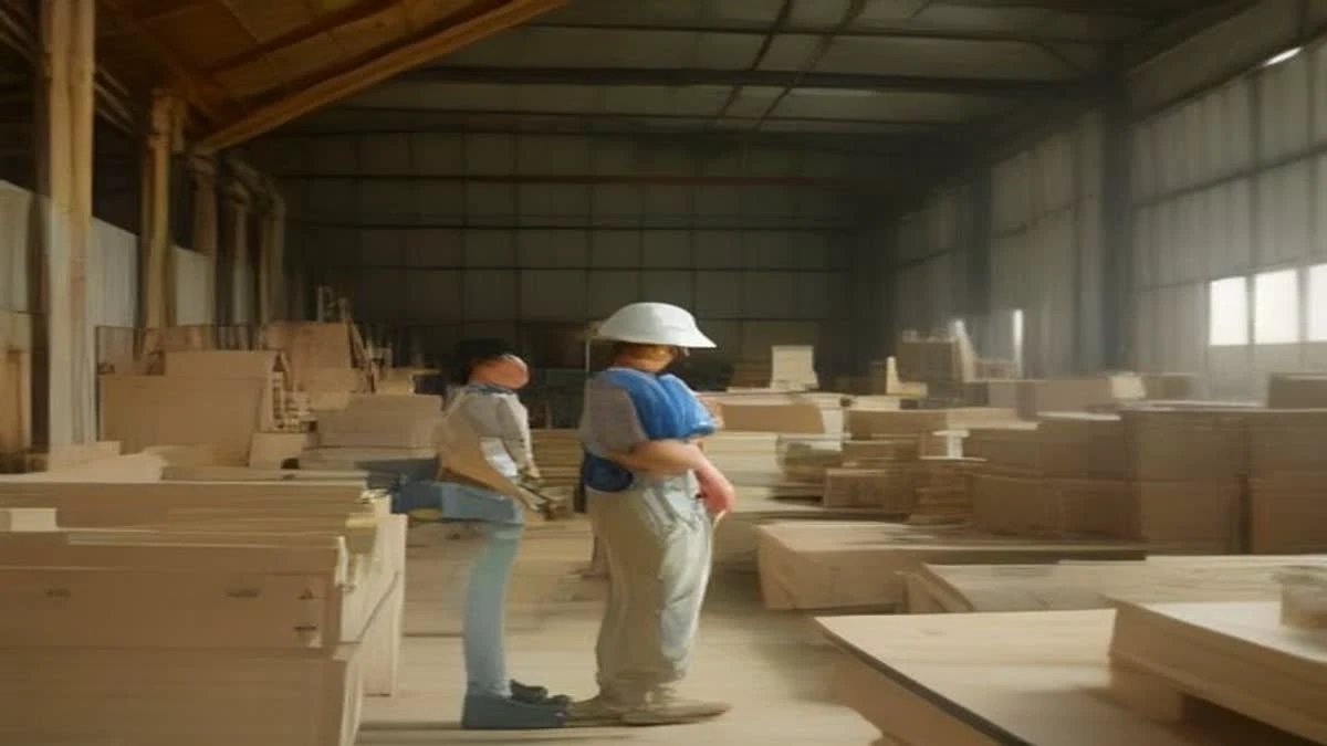 Photograph: slight low angle of a factory production line with machinery and a worker in a hard hat checking output